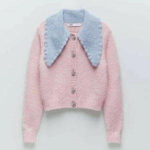 BBWM Pink Knit Cardigan Blue Collar Jewel Butanos